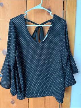 Black Envelope Black, white Polka Dot Tie-Back Bell Sleeve Blouse